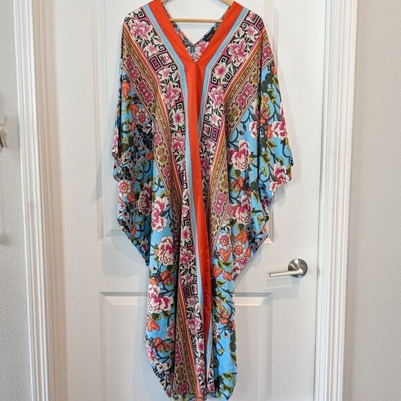 Natori Caftan Floral Lounge Gown Women's Large Vibrant Colorful Breezy V-Neck - Picture 5 of 16